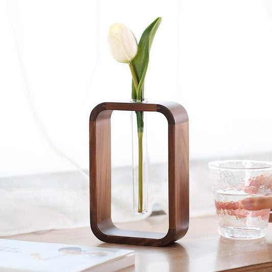 Solène – Vase hydroponique en verre et bois naturel au design épuré