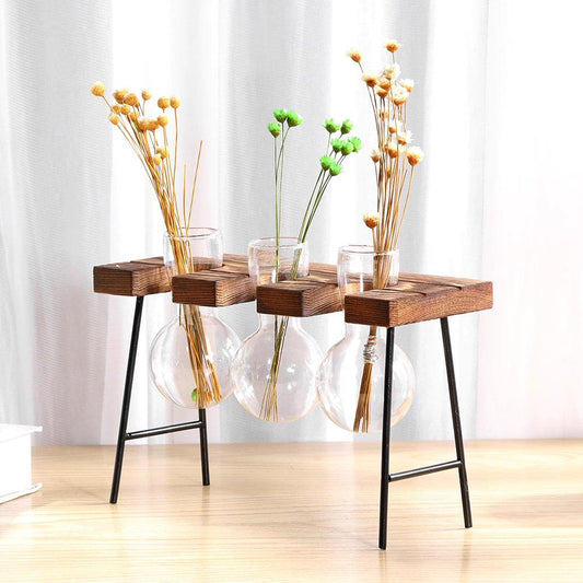 Lunara – Vase en verre suspendu artisanal avec support bois et métal