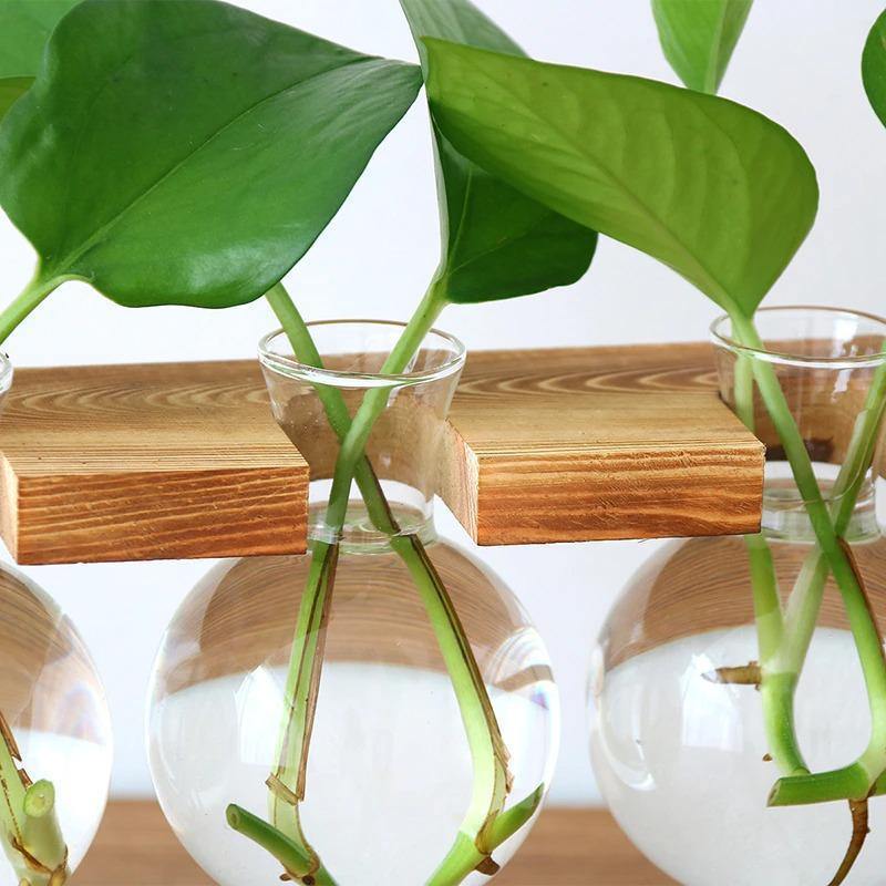 Lunara – Vase en verre suspendu artisanal avec support bois et métal