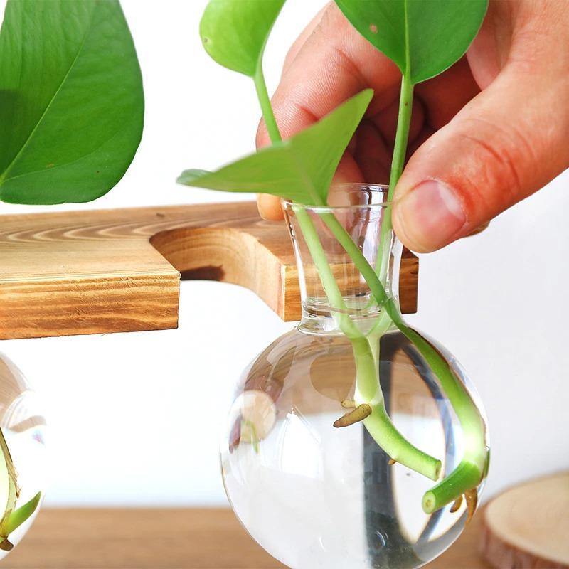 Lunara – Vase en verre suspendu artisanal avec support bois et métal