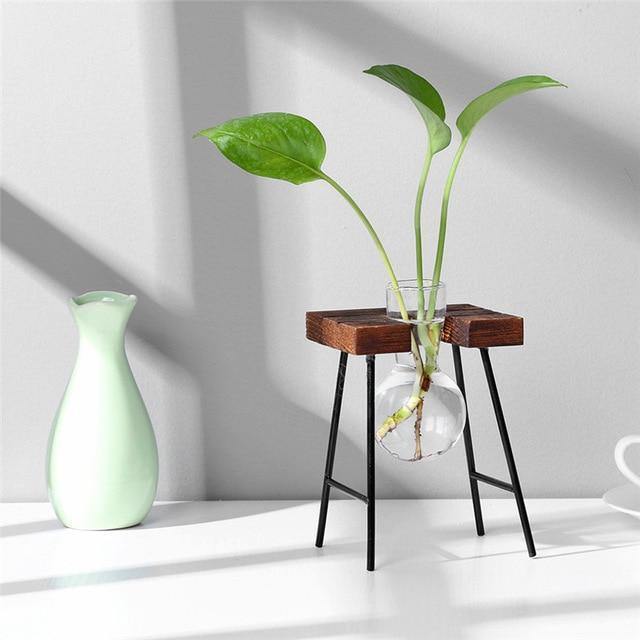 Lunara – Vase en verre suspendu artisanal avec support bois et métal