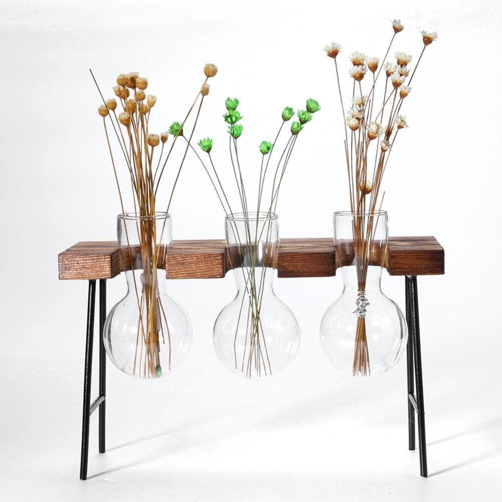 Lunara – Vase en verre suspendu artisanal avec support bois et métal