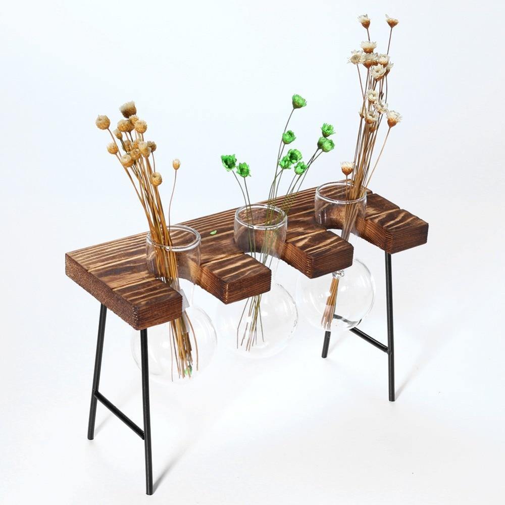 Lunara – Vase en verre suspendu artisanal avec support bois et métal